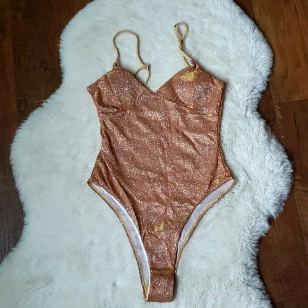 New Gold Shimmering Triangle Top Onepiece Swimsuit